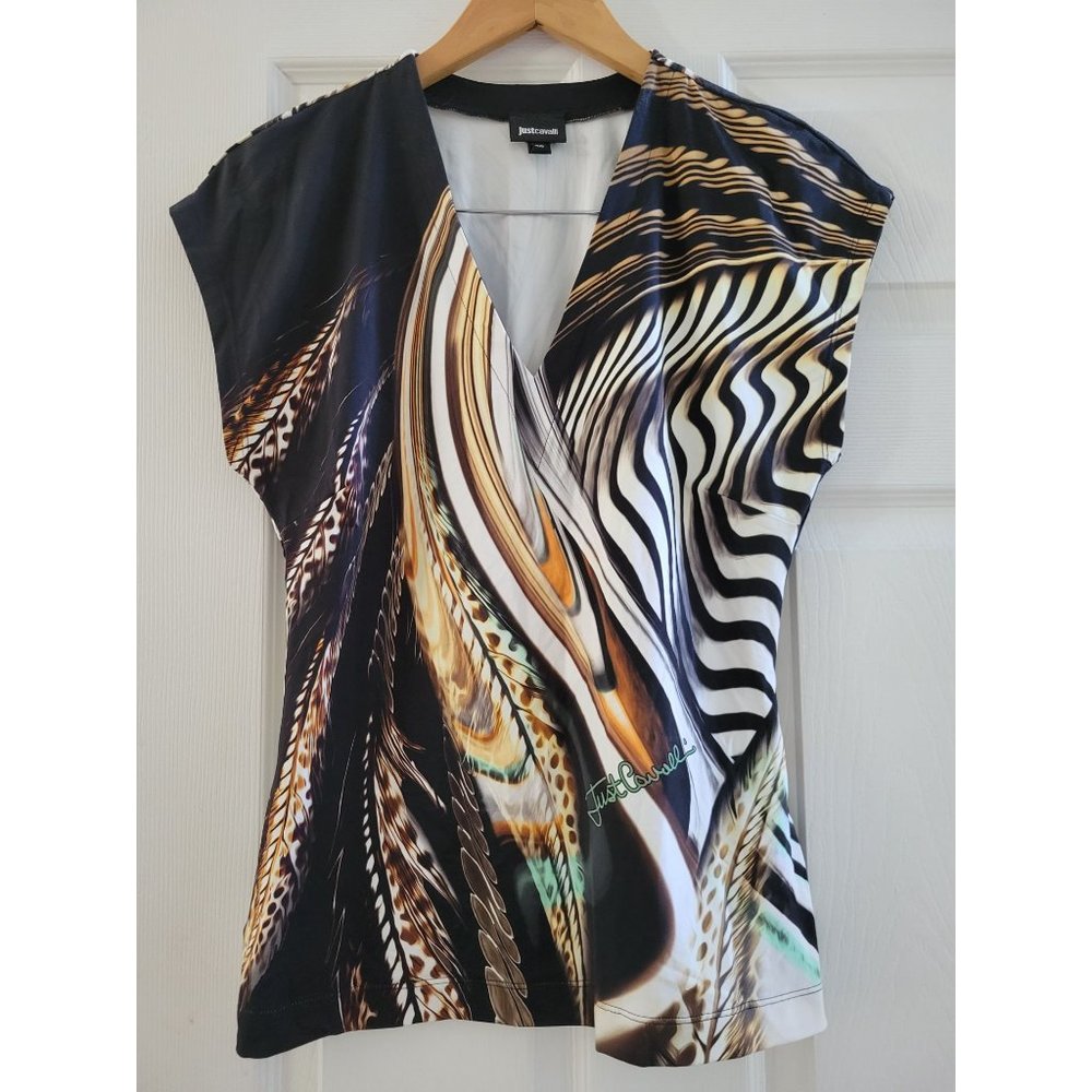 Just Cavalli Multicolor Abstract Print Faux Wrap Top - Black, White, Gold, Brown